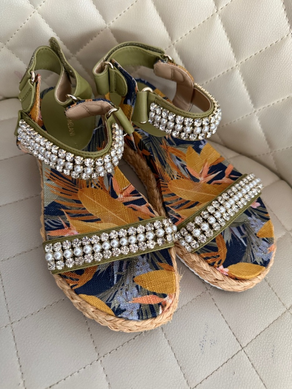 ANTONIO MELANI Olive Green Crystal-Embellished Floral Espadrille Sandals